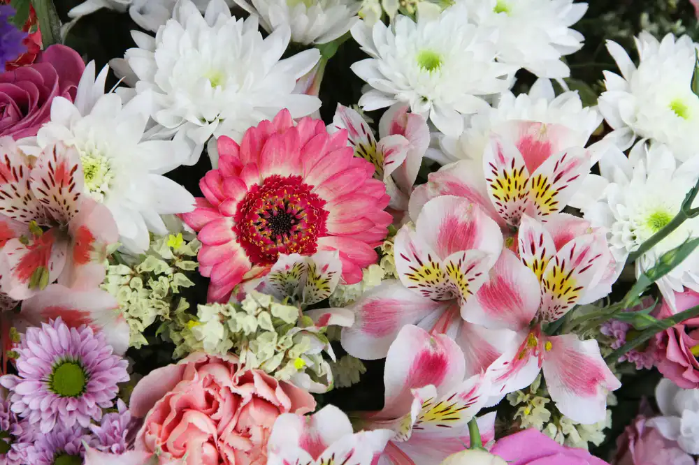 A large, romantic bouquet of fresh seasonal flowers
